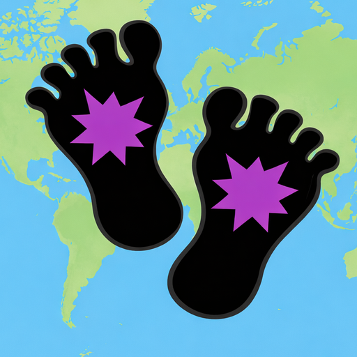 MyFootprints App-Symbol: zwei Barefoot-Kids-Abdrücke vor einer Weltkarte