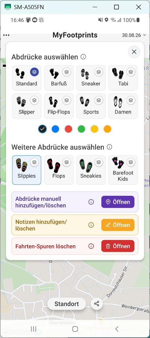 MyFootprints bietet verschiedene Abdrücke, Farben und manuelle Ergänzungen zur Auswahl