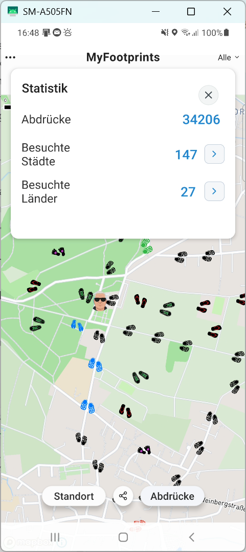 Die Statistik zeigt die Zahl der Abdrücke sowie besuchte Städte und Länder