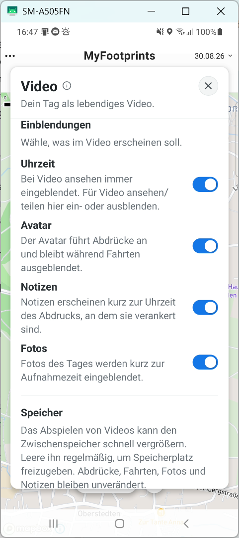 Im Tages-Video lassen sich Uhrzeit, Avatar, Notizen und Fotos einblenden