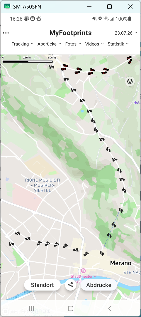 Eine längere Strecke mit Abdrücken auf der Karte